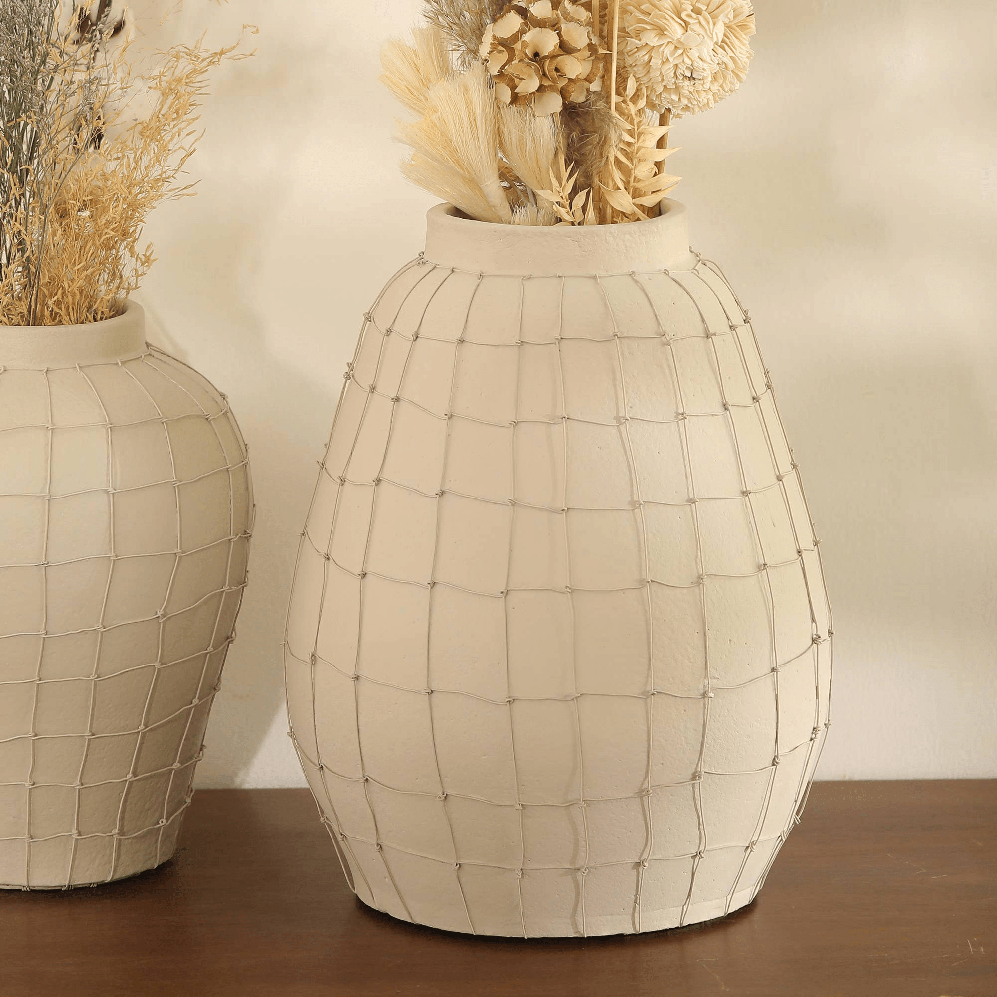 Leianna Handmade Off White Large Terracotta Vase with Wireframe Contemporary Design, Handmade-11.5X11.5X15.5'