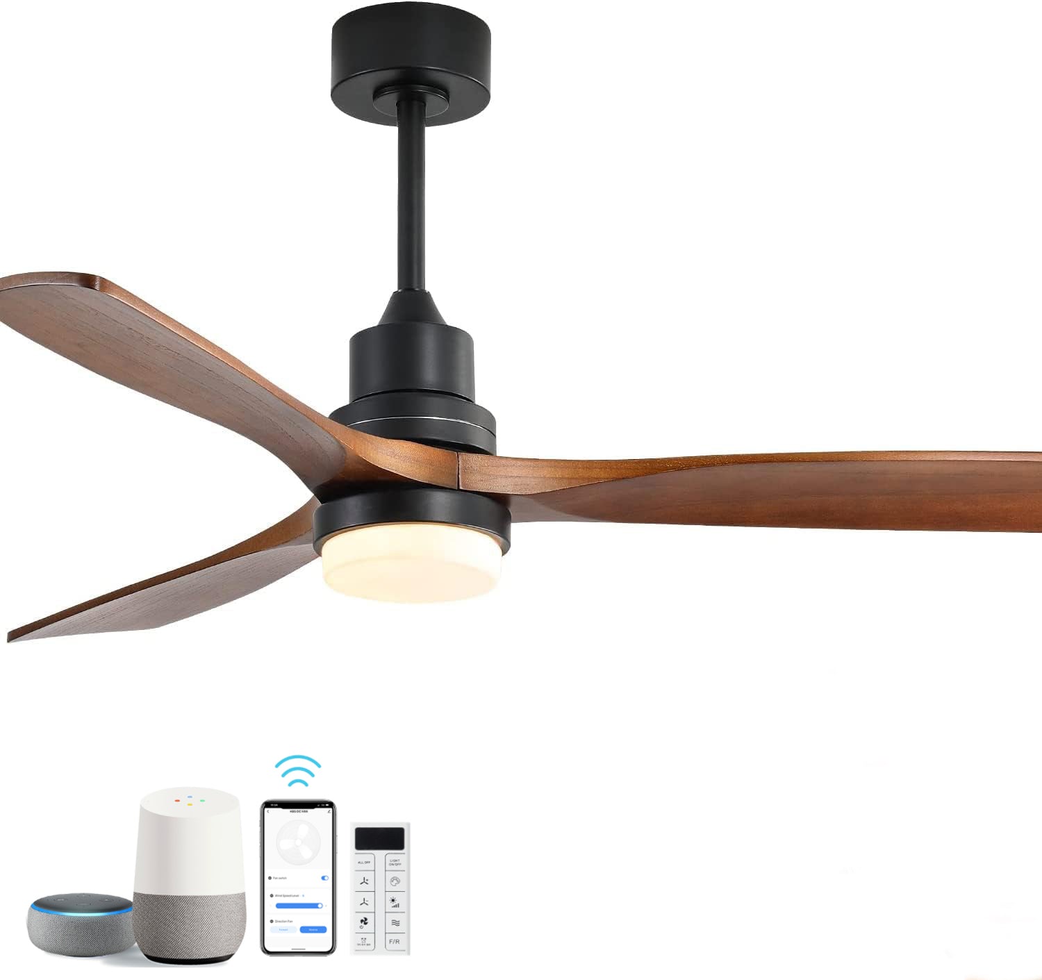 52 Inch Smart Ceiling Fan with LED 18W Triple Color Dimmable Memory Lighting 3 Walnut Finish Blades and DC Motor