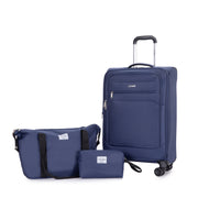 Softshell Suitcase Spinner Wheels Terylene Polyester Luggage Set with Carry On, Travelbag, and Toiletry Bag in Blue