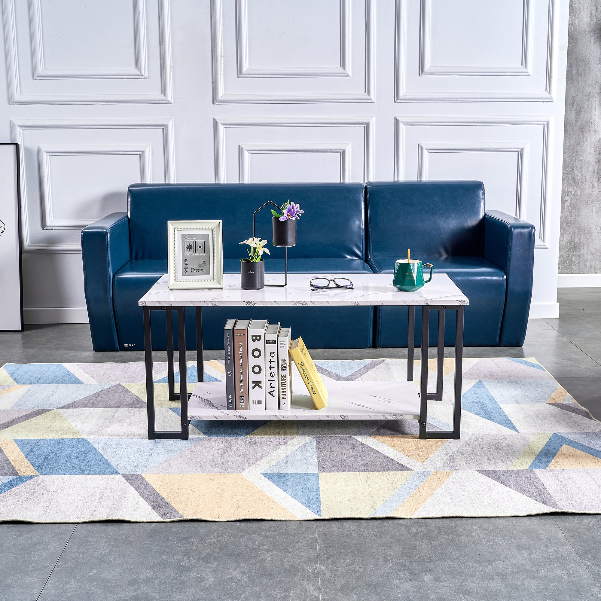 D&N Coffee Table, 2 Layers 1.5cm Thick Marble MDF Rectangle 39.37' L Tabletop Iron Coffee Table , Dining Room, Coffee Shop, Resterant, White Top, Black Leg