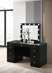 2pc Makeup Vanity Set LED Lighted Mirror Glass Top 9 Drawers Crystal Knobs Wooden Bedroom Furniture Black