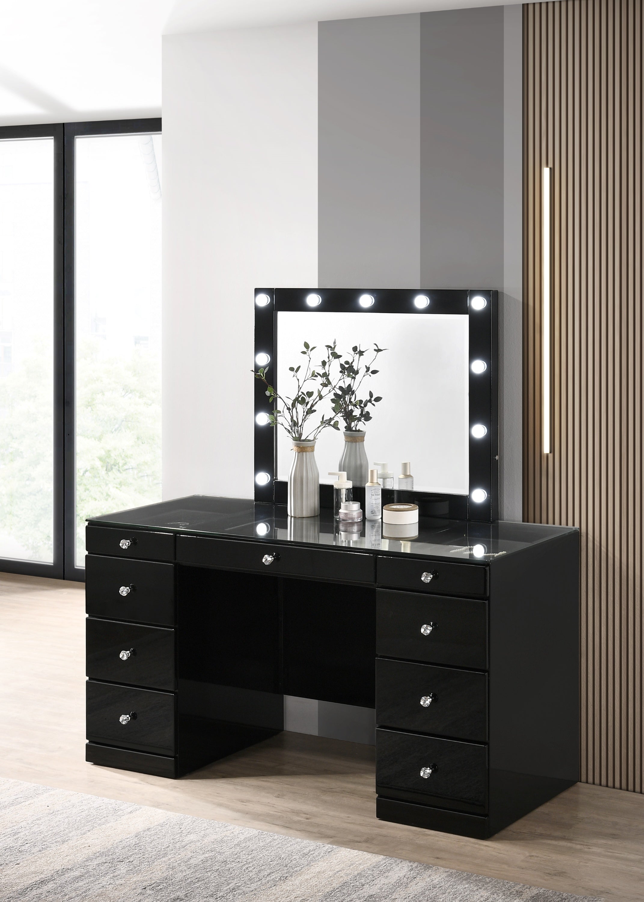 2pc Makeup Vanity Set LED Lighted Mirror Glass Top 9 Drawers Crystal Knobs Wooden Bedroom Furniture Black
