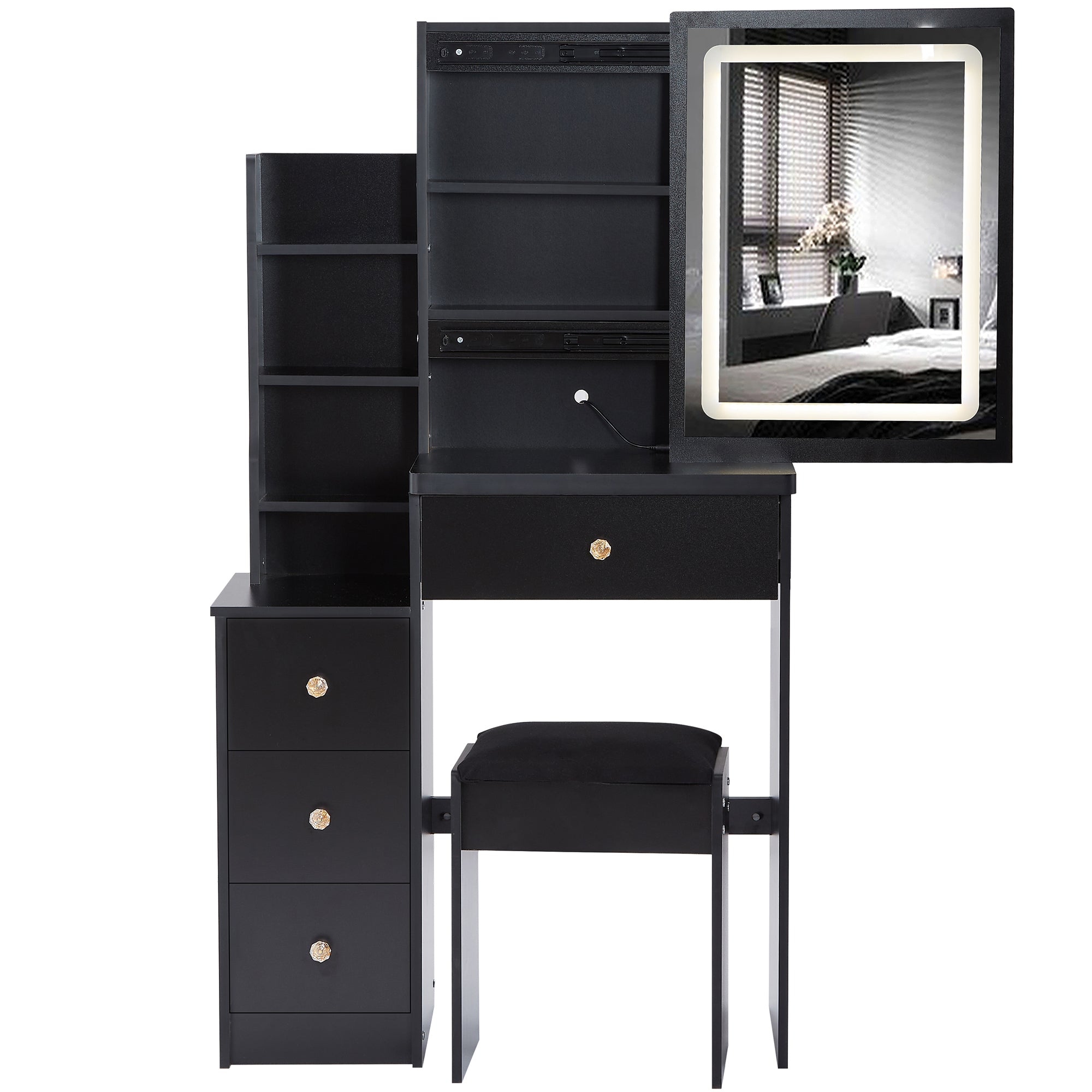 29.2' Small Size Left Bedside Cabinet Vanity Table + Cushioned Stool, Large Sliding, Touch Control, Tri-color Switching, Brightness Adjust LED Mirror, High Capacity Storage, Suitable for Small Space