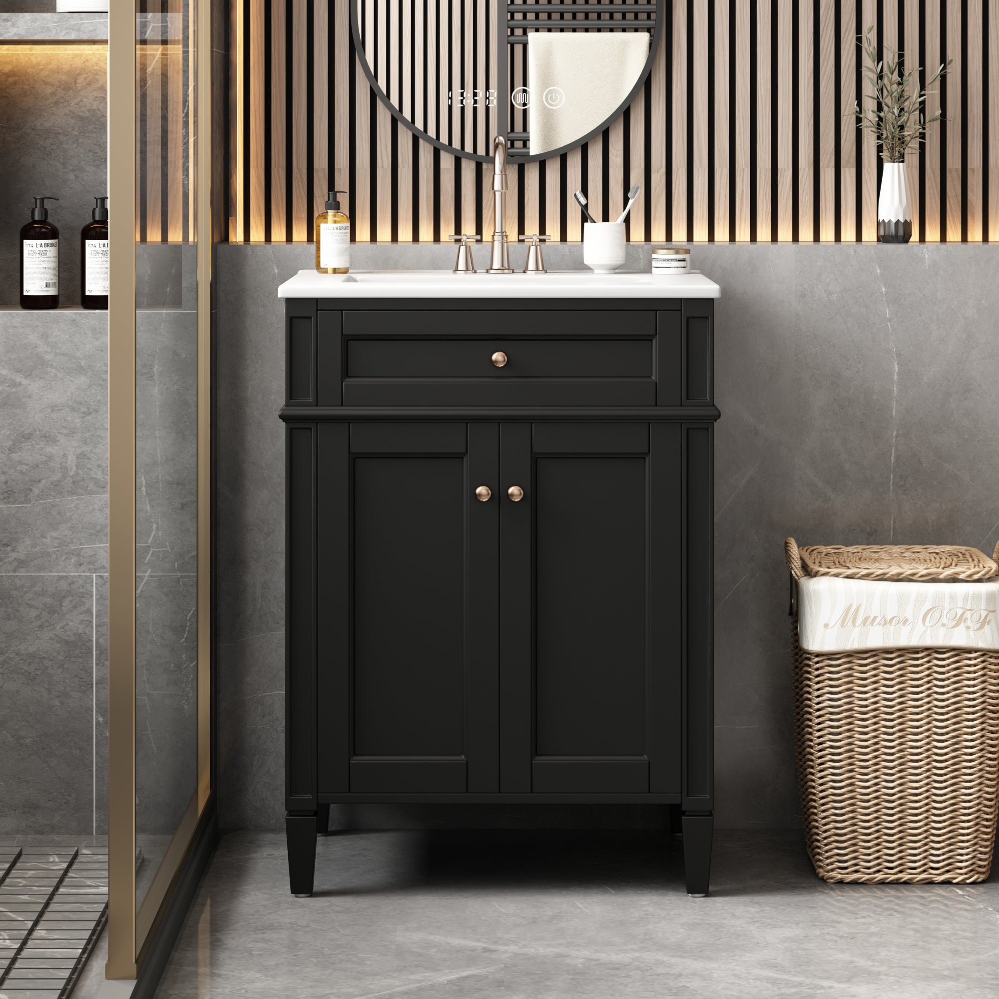 24' Bathroom Vanity with 2 Doors and Tip-Out Drawer, Bathroom Storage Cabinet with Sink, Soft-Closing Doors with Organizers