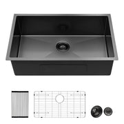 Gunmetal Black 30 Inch Undermount Kitchen Sink 16 Gauge 10 Inch Deep Single Bowl Stainless Steel Basin