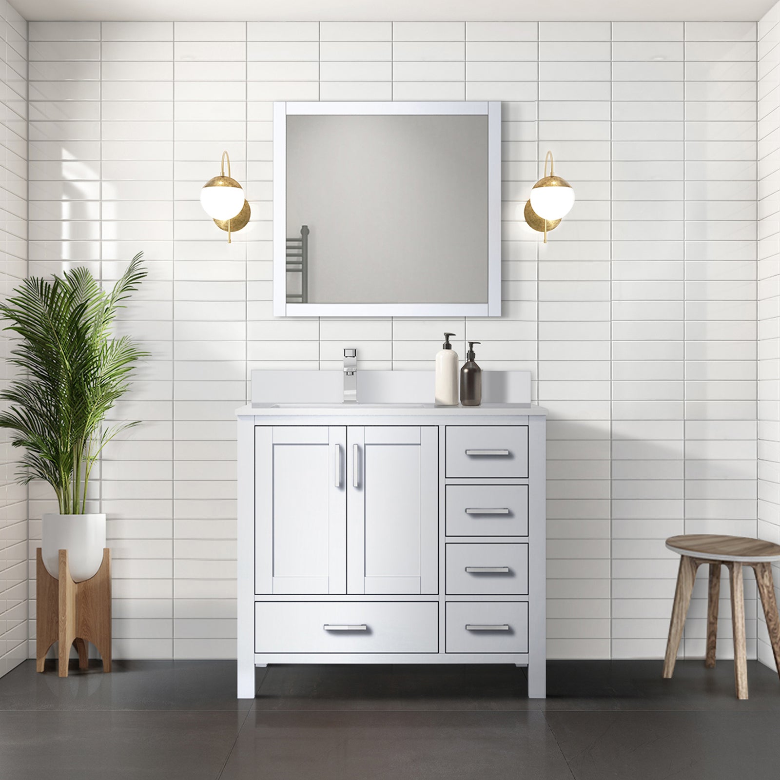White Bath Vanity 36 in. W x 22 in. D, Left Offset Cultured Marble Top, and Faucet Set