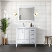White Bath Vanity 36 in. W x 22 in. D, Left Offset Cultured Marble Top, and Faucet Set