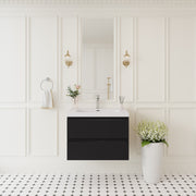30' Floating Bathroom Vanity with Sink, Modern Wall-Mounted Bathroom Storage Vanity Cabinet with Solid Surface Top Basin and Soft Close Drawers, Glossy Black 24V11-30GB