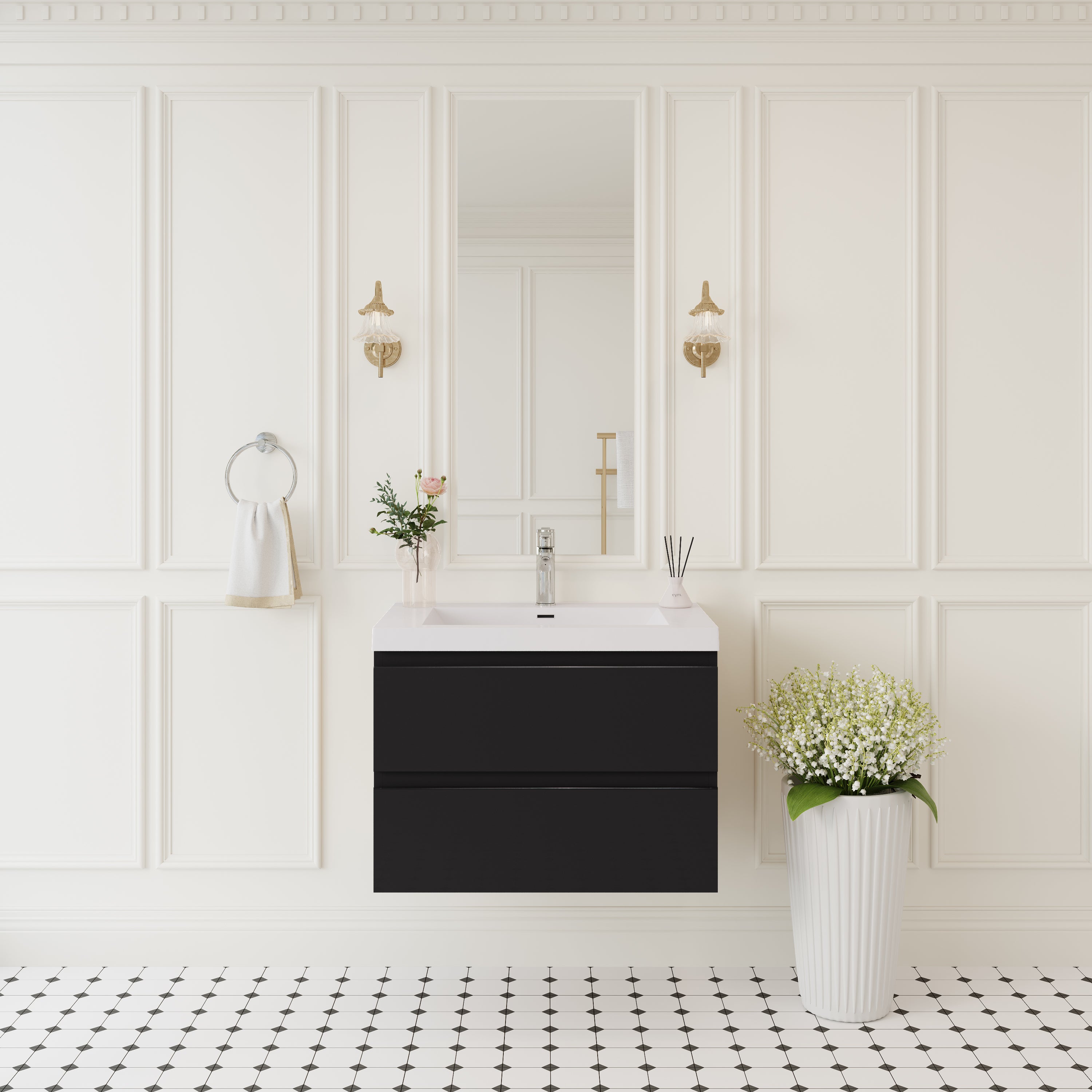 30' Floating Bathroom Vanity with Sink, Modern Wall-Mounted Bathroom Storage Vanity Cabinet with Solid Surface Top Basin and Soft Close Drawers, Glossy Black 24V11-30GB