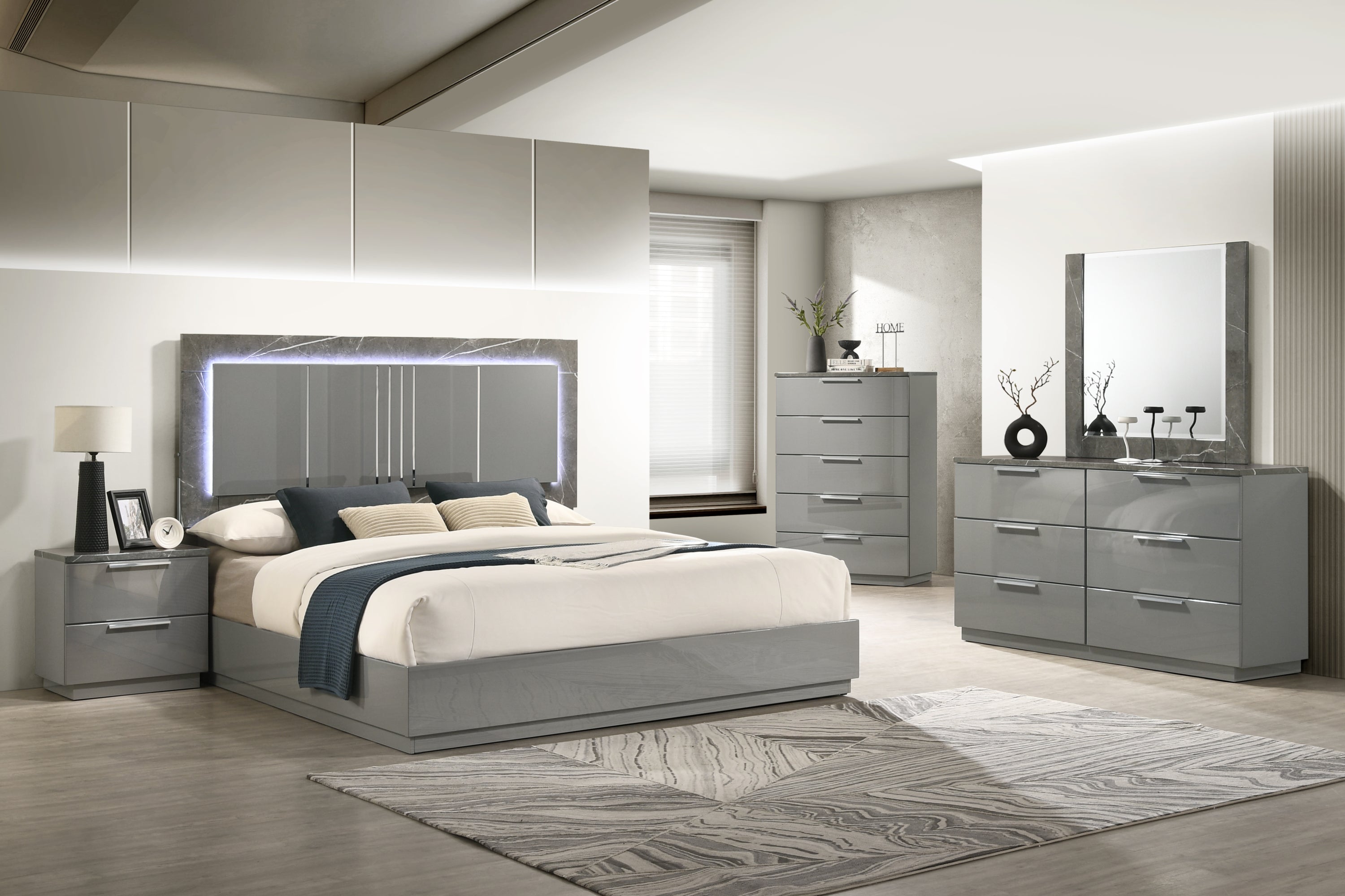 Elara Queen 5-Piece Set – Two-Tone High-Gloss Marble & Lacquer Finish with LED Lighting, Metal-Finished Legs, Spacious Storage- Gray (NJ Inventory)