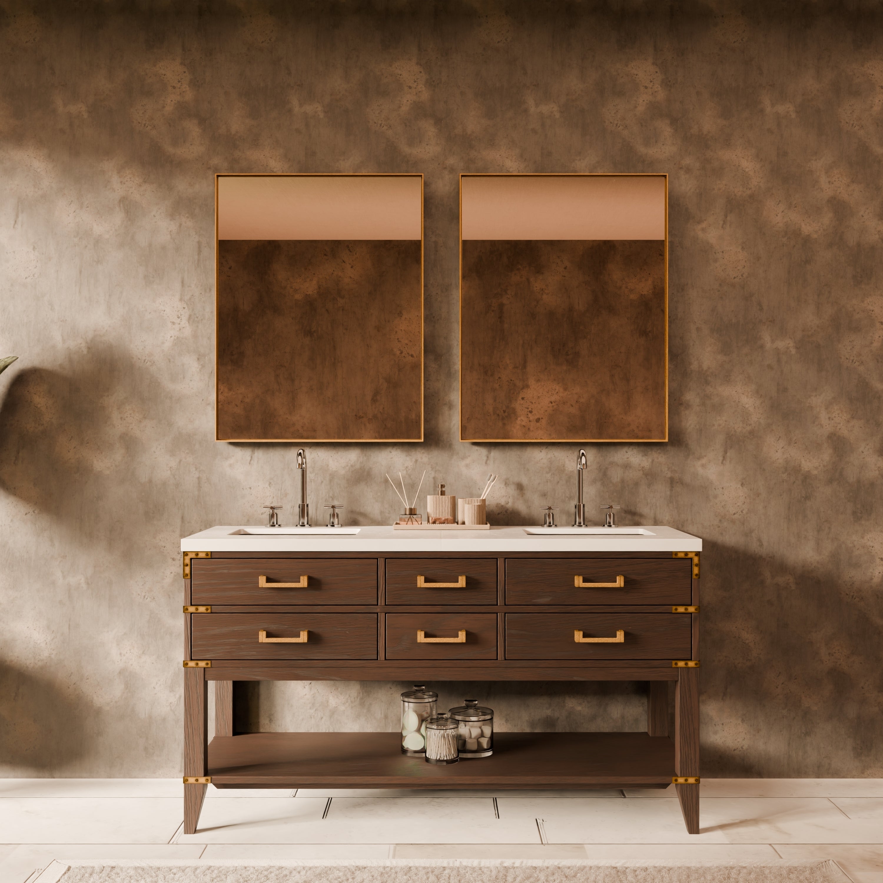 Brown Oak Double Bath Vanity 60 in. W x 22 in. D, White Quartz Top, and Faucet Set