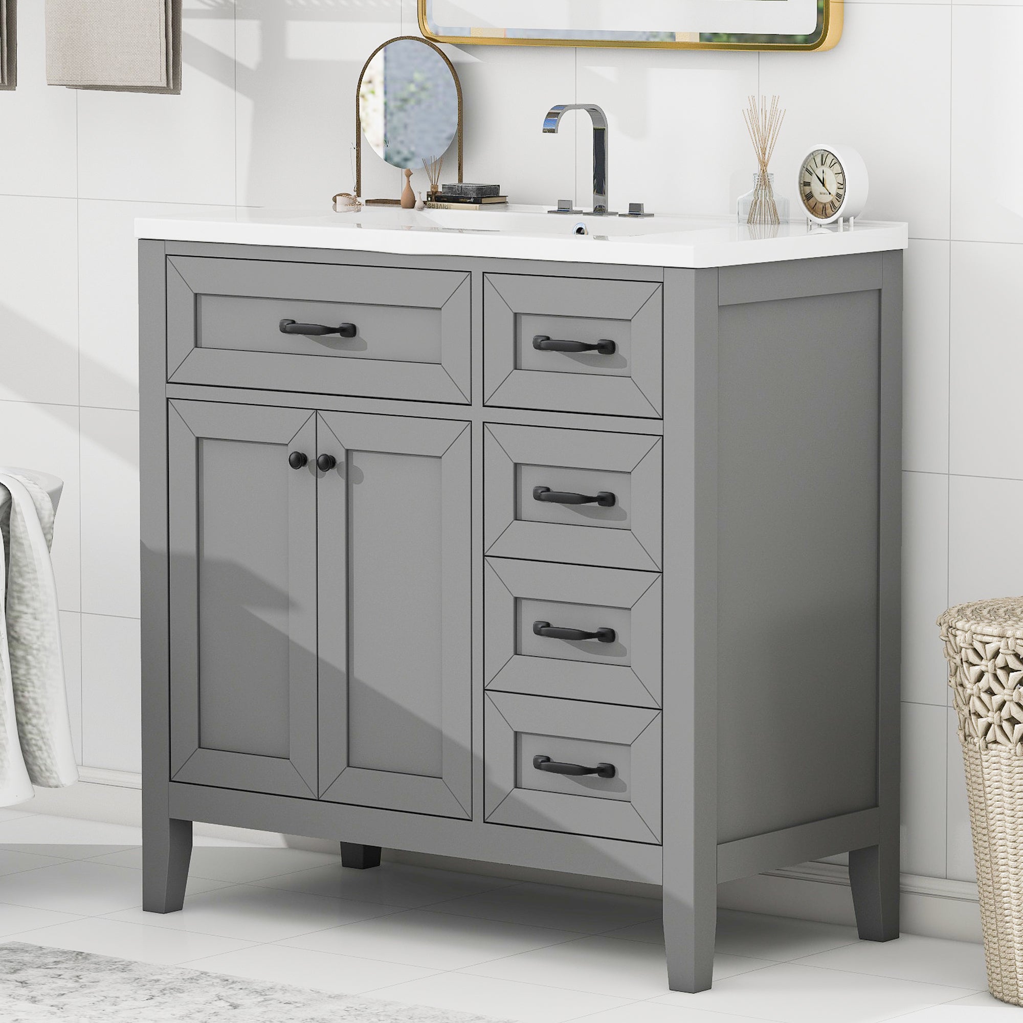 36' Bathroom Vanity with Sink Combo, Gray Bathroom Cabinet with Drawers, Solid Frame and MDF Board (Old Sku:JL000007AAE)