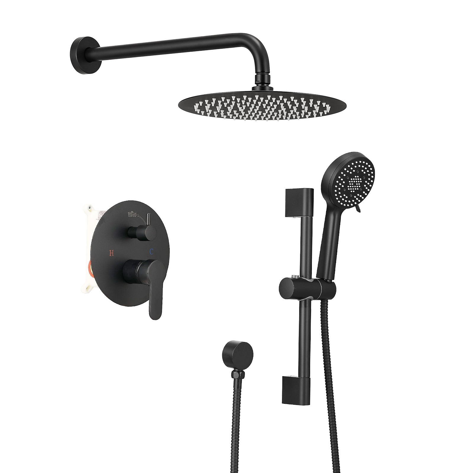 10-Inch Shower System, Slide Bar Shower Faucets Sets Complete Round Shower Heads and 5-Spray Handheld Combo, Wall Mounted Matte Black Shower Faucet