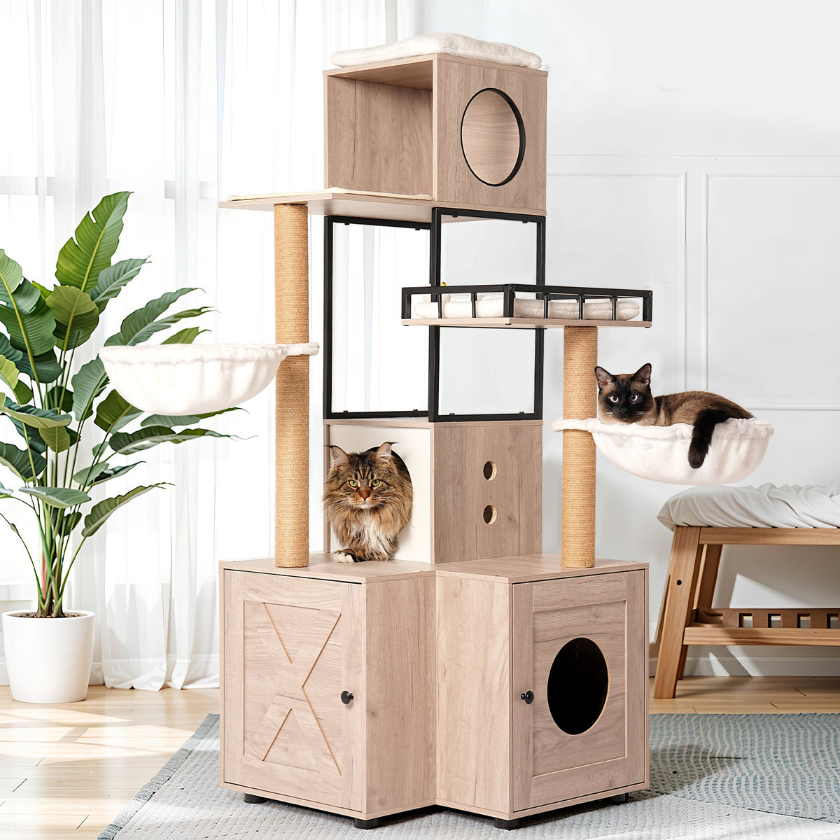 63' Multi-Functional Cat Tree with Litter Box - Includes Removable Washable Cushion, Scratching Posts & Toy Hanger, Modern Design, Rustic Gray