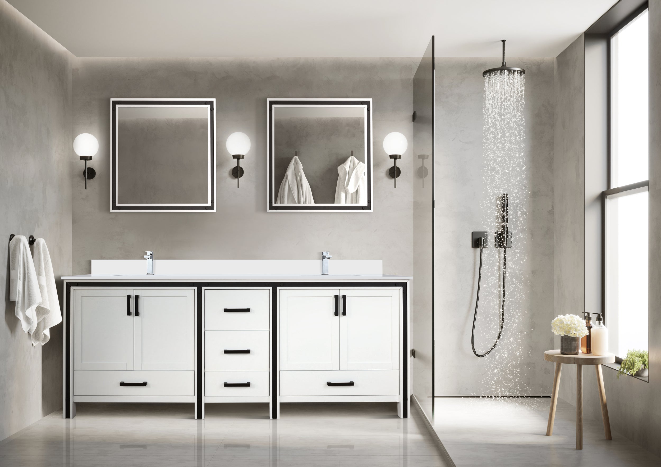 White Double Bath Vanity 84 in. W x 22 in. D, White Quartz Top and Faucet Set