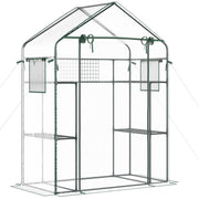 Outsunny Outdoor Walk-in Mini Greenhouse with Mesh Door & Windows, Small Portable Garden Green House with 3 Tiers 6 Shelves, Trellis, & Plant Labels