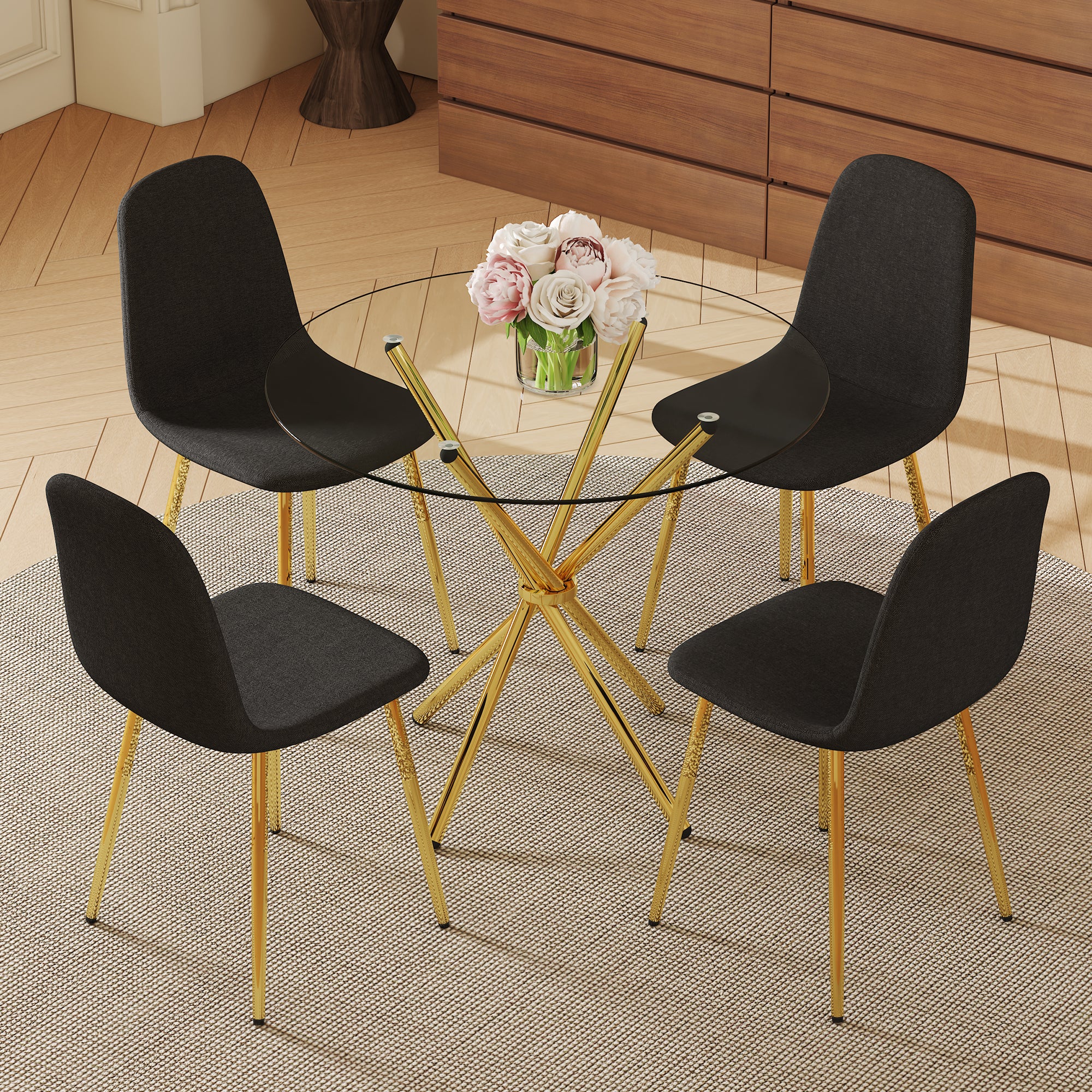 4-Piece Dining Set with 36.6'' Round Tempered Glass Table & Black-Gold Chairs - Modern Luxe Style for Living Room & Kitchen.Suitable for various interior decoration styles.