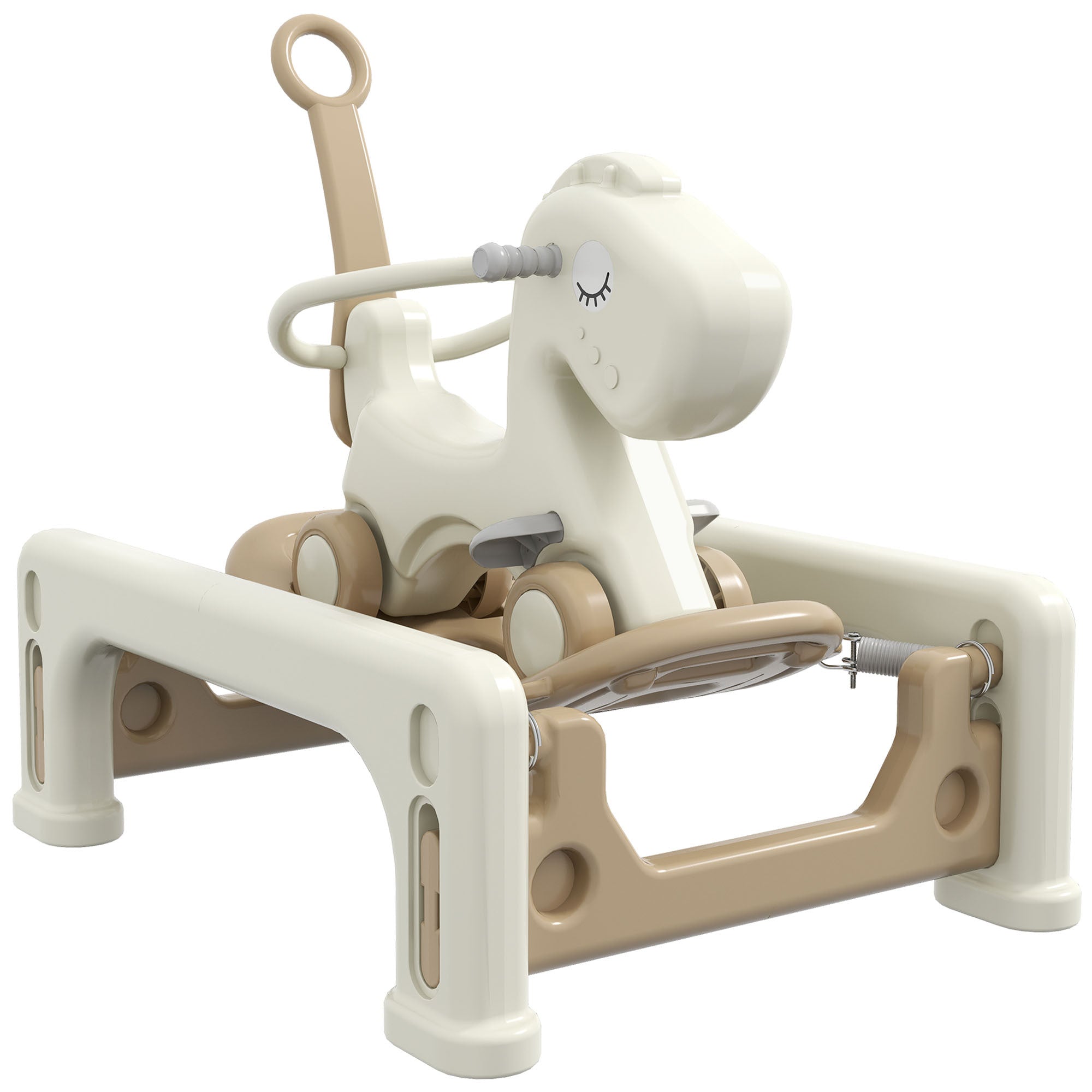 Qaba 5 in 1 Rocking Horse for Toddlers Years 1-6, Kids Spring Ride on Horse Balance Bike with Detachable Balance Board, Push Handle & Footrest for Baby Boys and Girls, Cream White