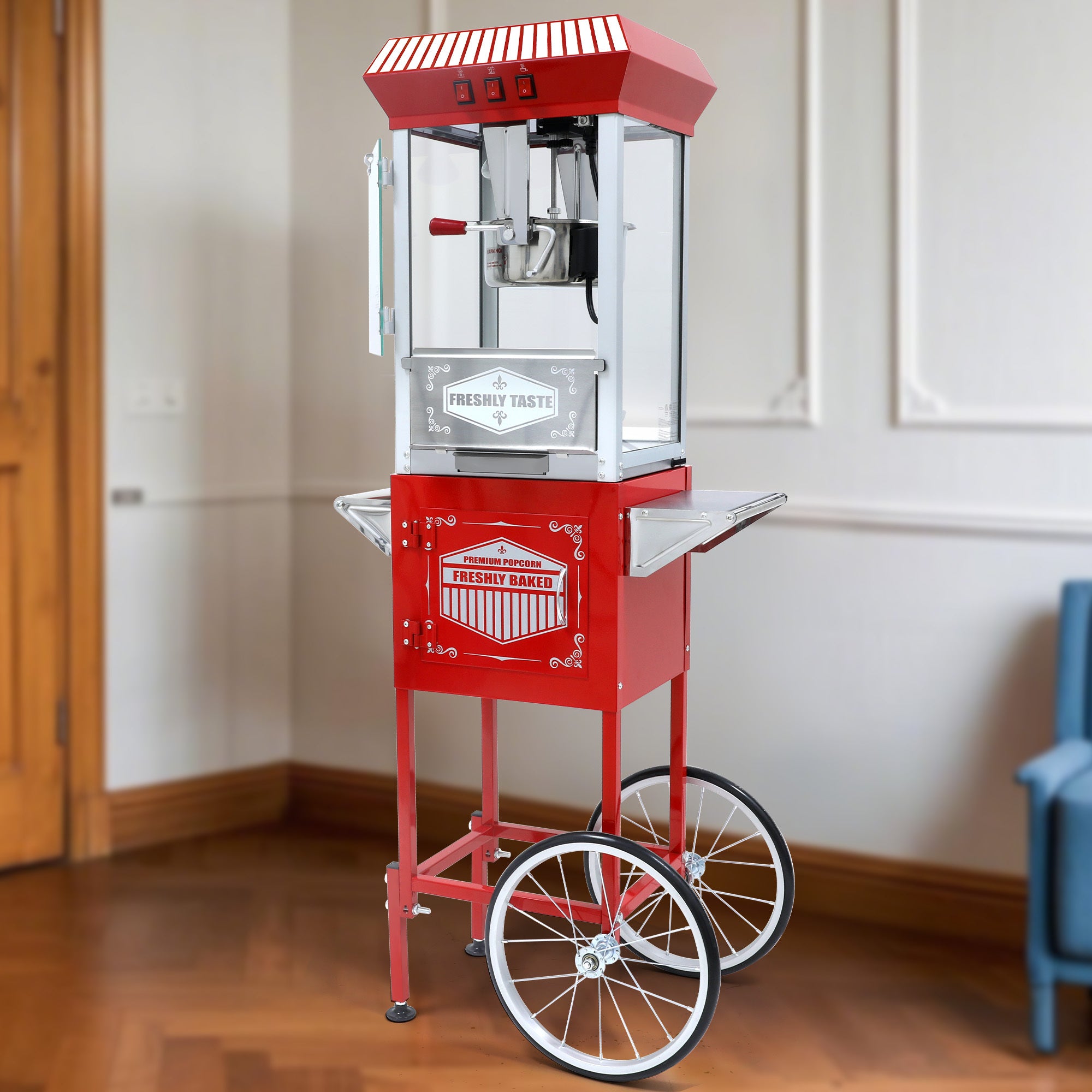 XH-P831-Movie Theater-Style Popcorn Machine Maker with Cart and 12-Ounce Kettle - Red, Vintage-Style Popper on Wheels