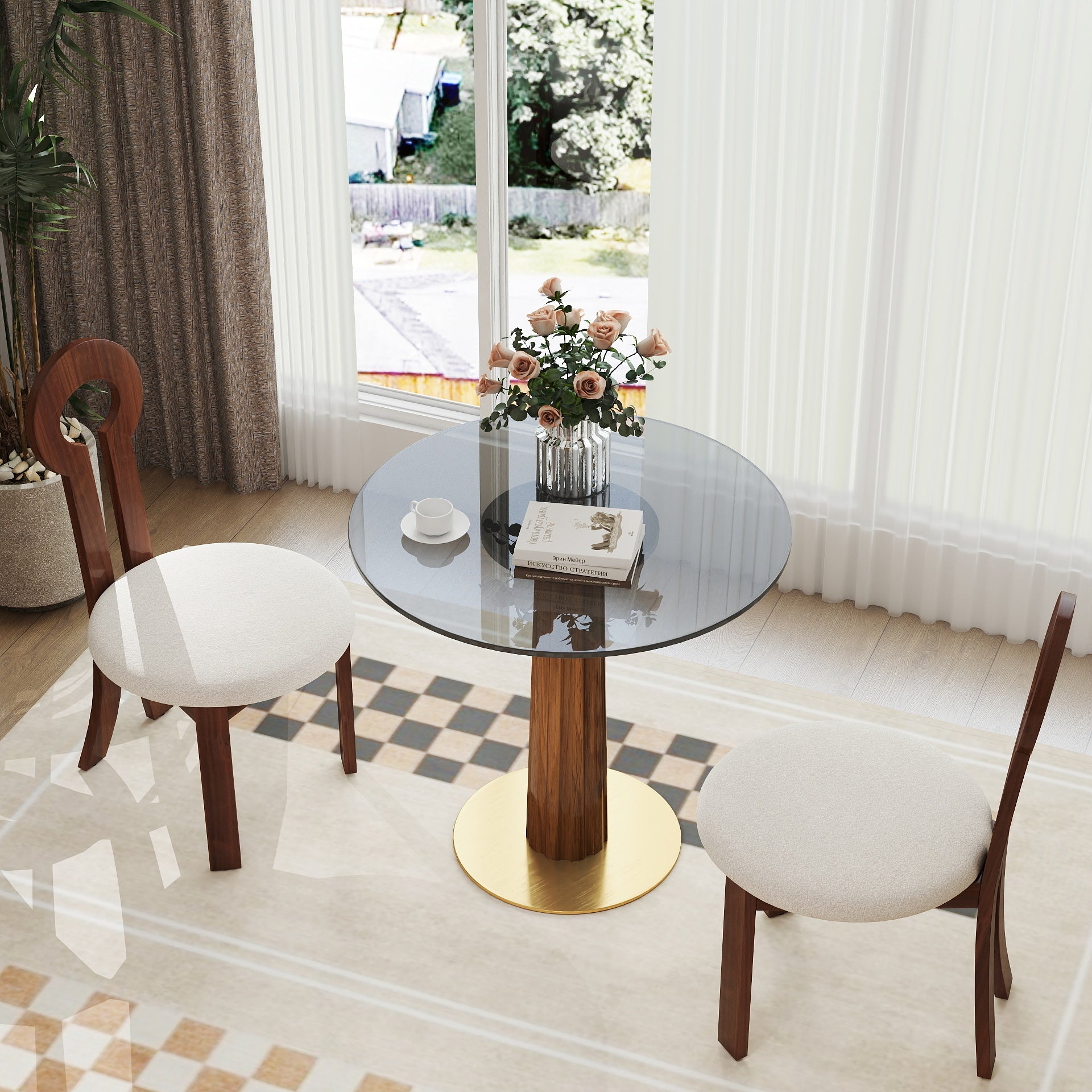 Modern Round Dining Table, 33.5' Tempered Glass Table with Wooden Leg & Gold Base, 2 - Person Kitchen Table for Small Space, 150lbs Weight Capacity(Only the Negotiation Table)