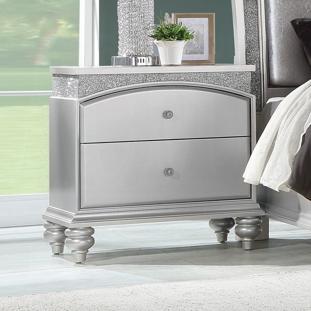 Platinum Finish Glam Nightstand with 2x Drawers Sparkling Rhinestones Wooden Bedroom Furniture 1pc