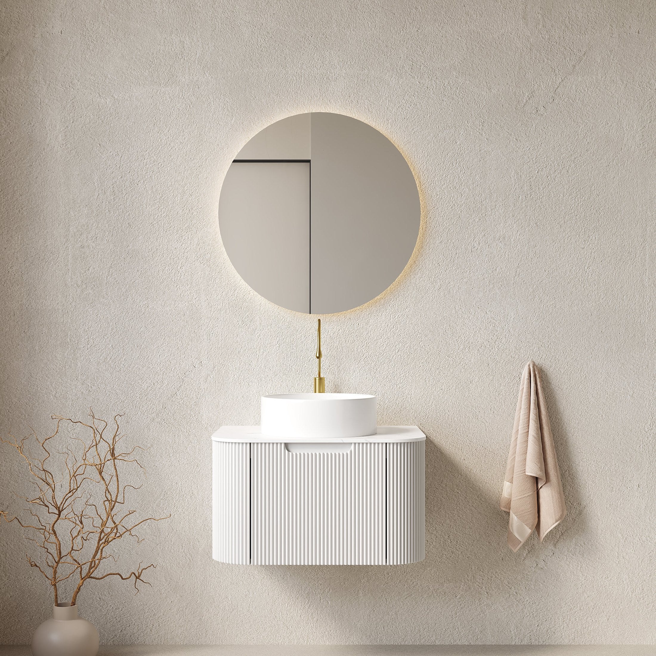 DINA 24' Bathroom Vanity with Sink, Wall-Mounted Floating Curved Edges Striped Bathroom Storage Cabinet with Drawer, White Round Ceramic Basin with Stone Pattern, Pre-assembled, White Color