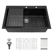 Quartz Kitchen Sink - 33x22' Black Granite Composite Drop-In Sink with Durable Material