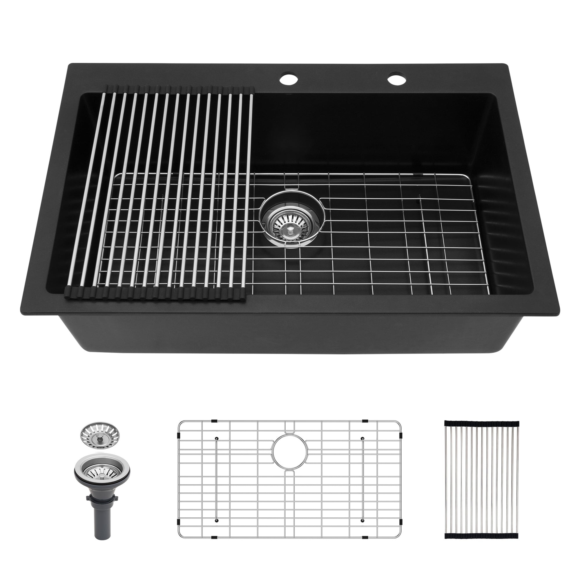 Quartz Kitchen Sink - 33x22' Black Granite Composite Drop-In Sink with Durable Material