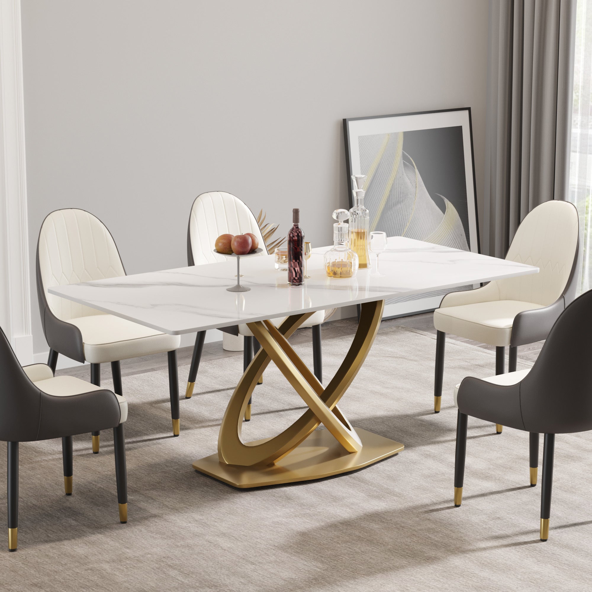 70.84 'modern artificial stone white panel double-ring stainless steel metal legs-can accommodate 6-8 people(with 6 chairs)