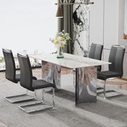 Modern minimalist dining table. Imitation marble glass sticker desktop, stainless steel legs, stable and beautiful. 4 black PU seats. 63 '* 35.4' * 29.5 'DT-69 C-1162