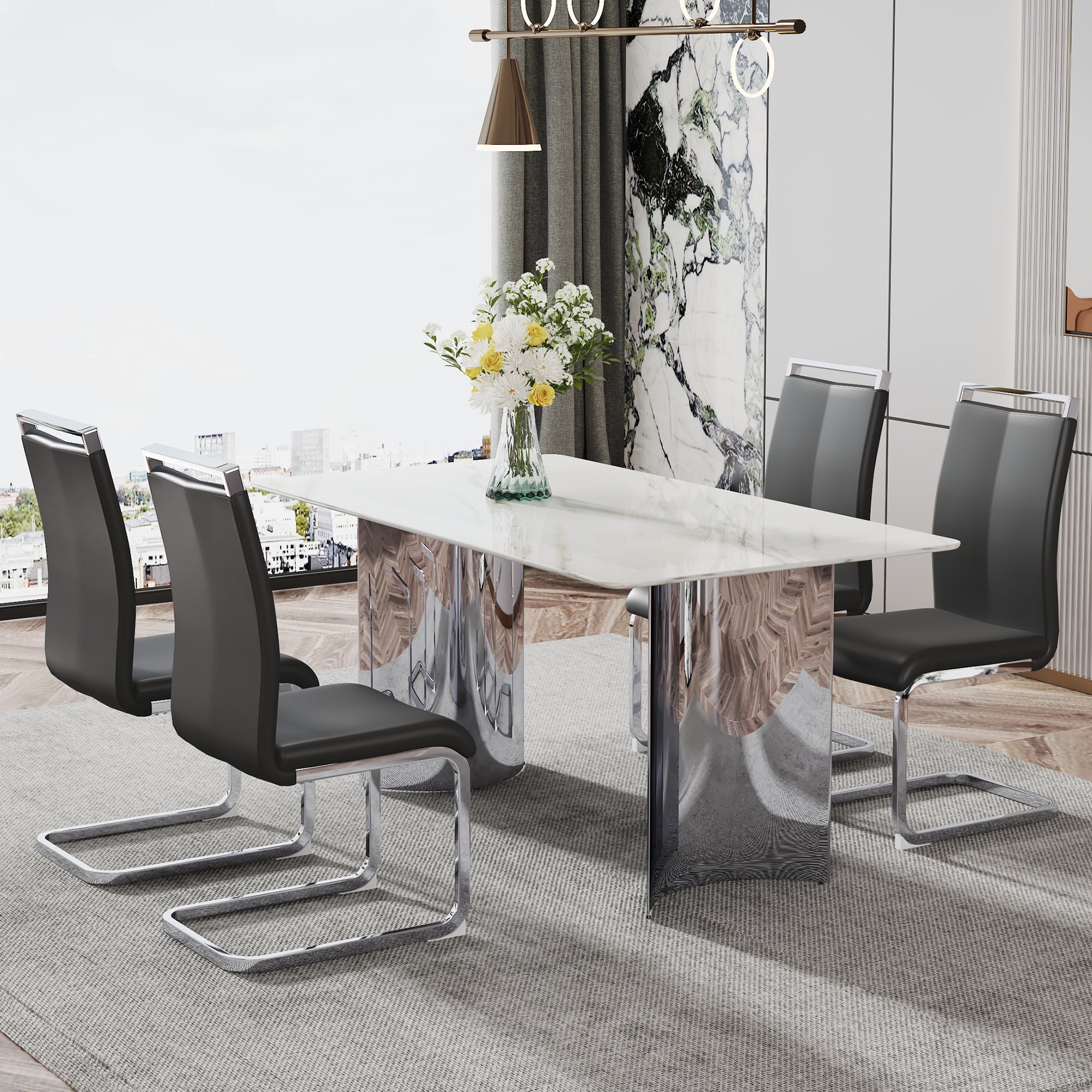 Modern minimalist dining table. Imitation marble glass sticker desktop, stainless steel legs, stable and beautiful. 4 black PU seats. 63 '* 35.4' * 29.5 'DT-69 C-1162