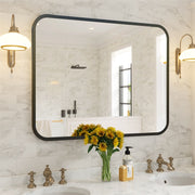 Black Bathroom Wall Mirror for Over Sink 40' × 32' Rectangle Vanity Mirror with Round Corner for Bedroom Seamless Anti-Rust Polymer Coated Shatterproof Glass (Horizontally/Vertically)