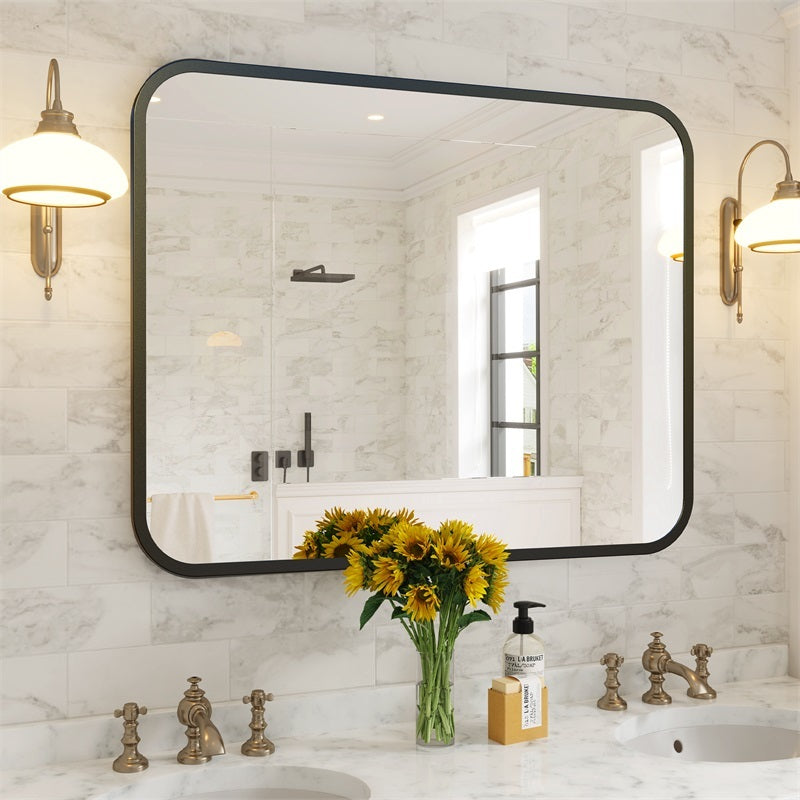 Black Bathroom Wall Mirror for Over Sink 40' × 32' Rectangle Vanity Mirror with Round Corner for Bedroom Seamless Anti-Rust Polymer Coated Shatterproof Glass (Horizontally/Vertically)