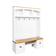 Farmhouse 4-in-1 Hall Tree with Wood Grain Bench and Top, Multifunctional Coat Rack with Black Hooks and Shell Handles, Mudroom Bench with Adjustable Shelves for Hallway, Living Room, White, 55.1W