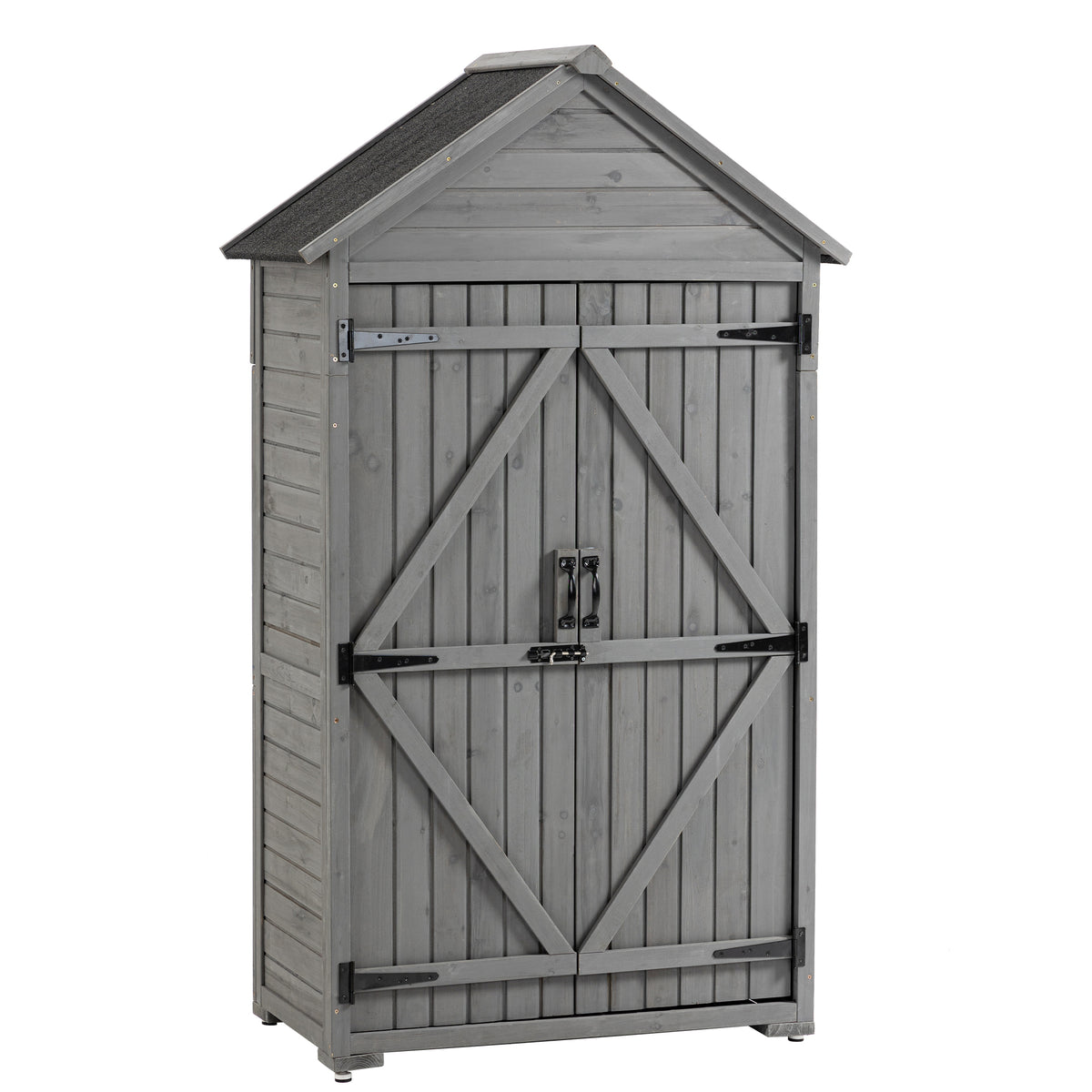 Outdoor Storage Cabinet Garden Wood Tool Shed with Shelves and Latch, Grey Fir Wood, 39.56'x 22.04'x 68.89'