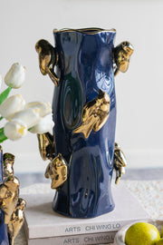 8x8x15.5' Blue Ceramic Tree Branch Vase with Gold Bird Accents