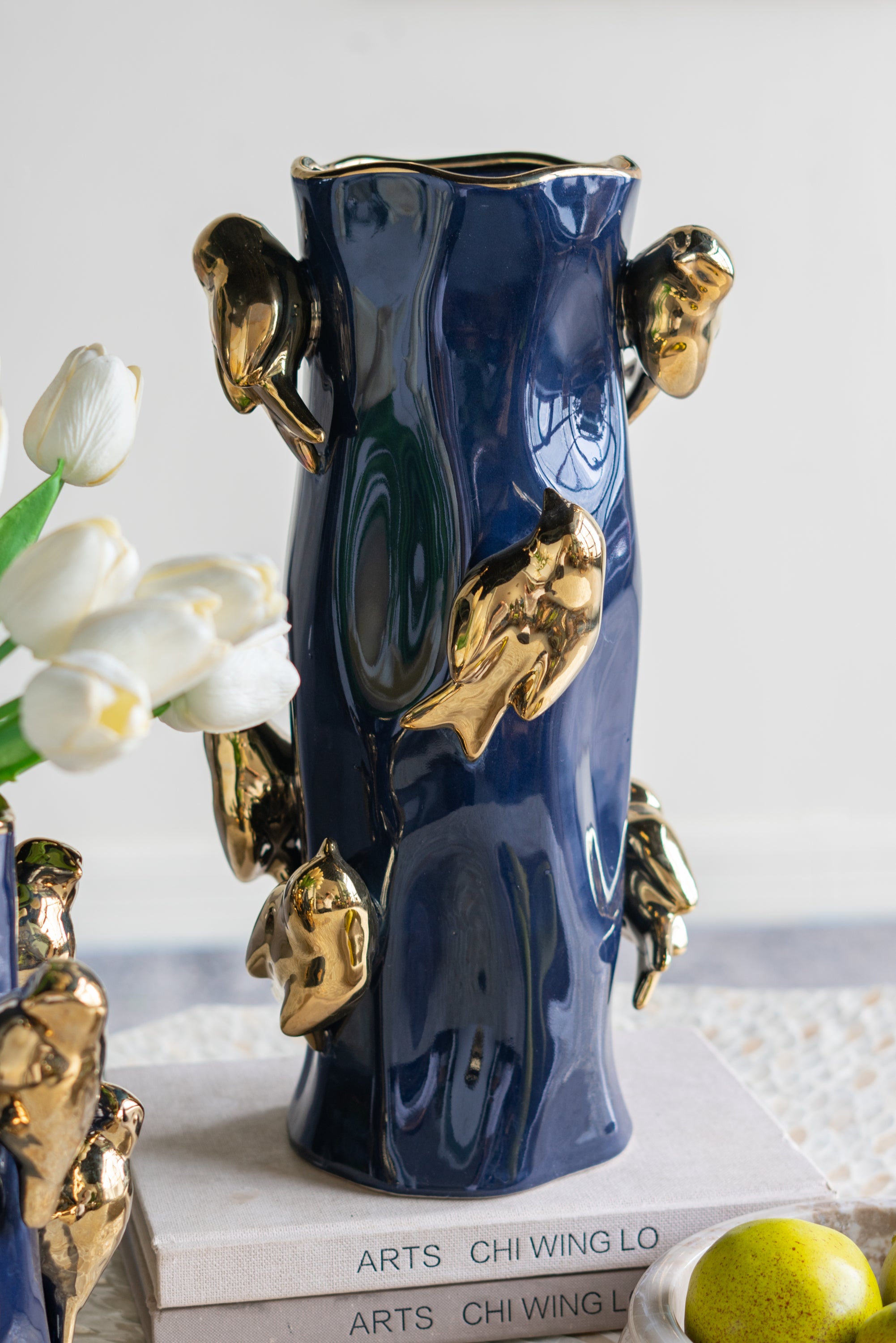 8x8x15.5' Blue Ceramic Tree Branch Vase with Gold Bird Accents