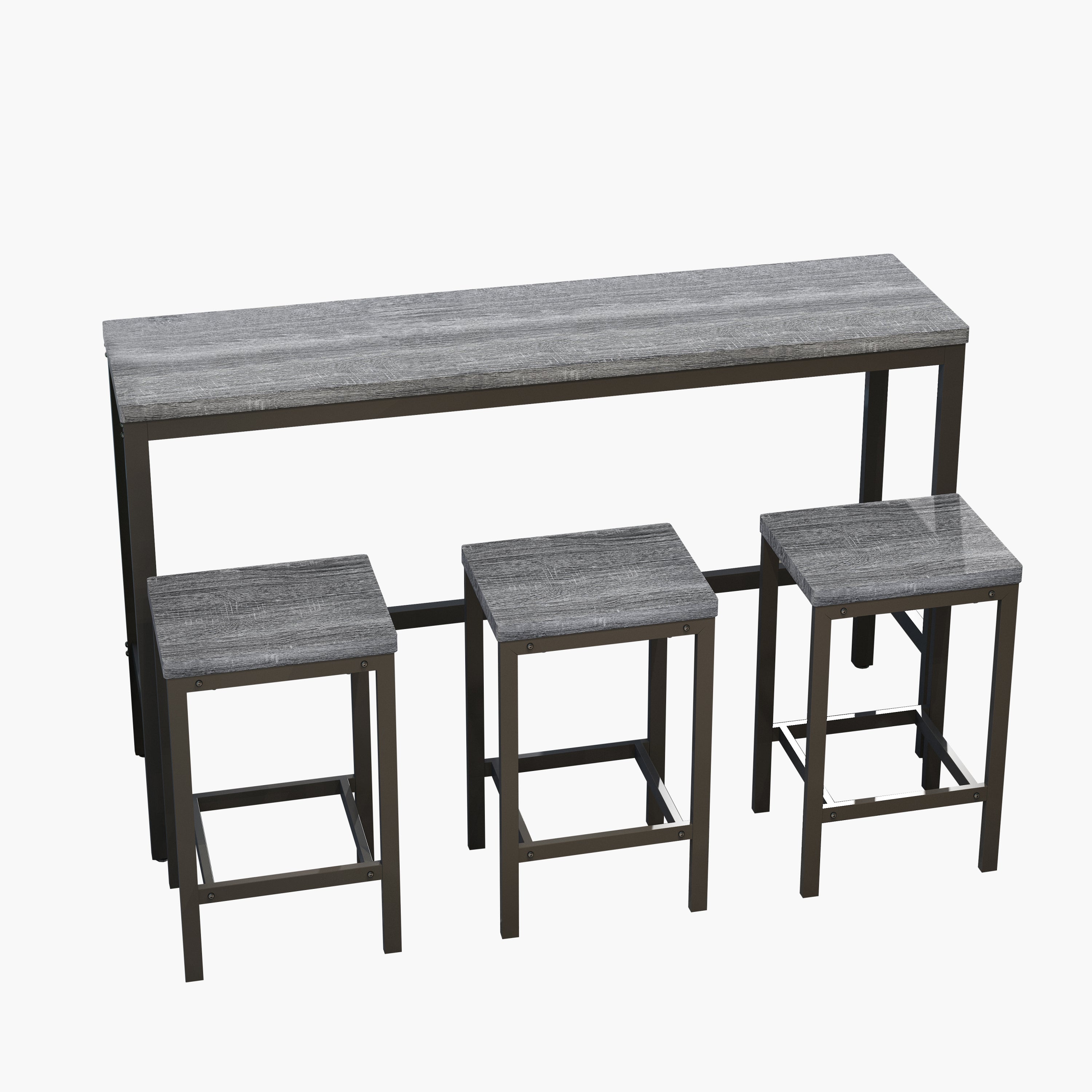 Modern Design Long Dining Table Set with 3 Stools, Easy Assembly, Gray, Metal and MDF