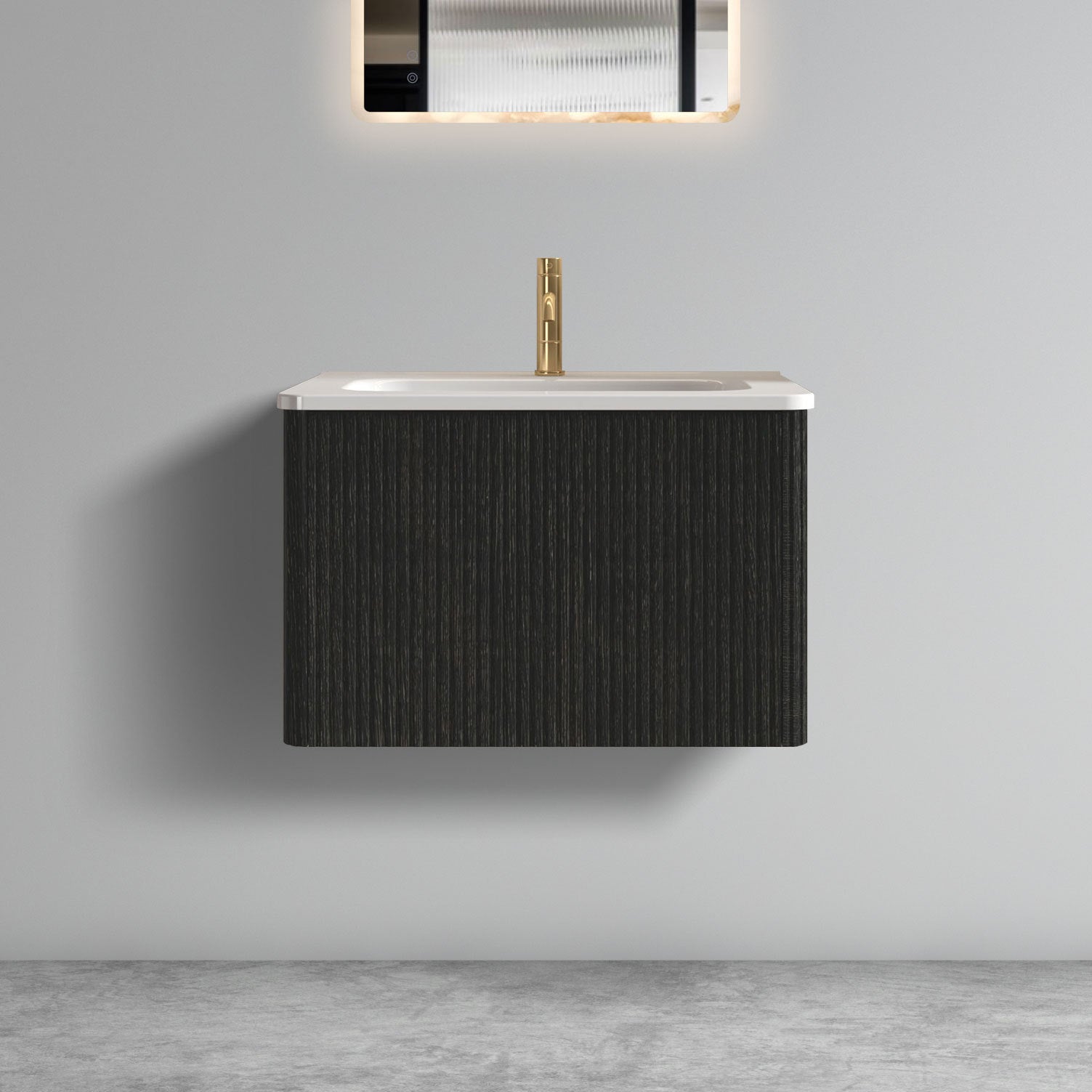 U056-Etna24W-308 Etna 24' Striped Brushed Black Oak Floating Bathroom Vanity with White Ceramic Sink, Bathroom Vanity for Modern Bathroom, One-Piece White Sink Basin without Drain, Pre-assembled