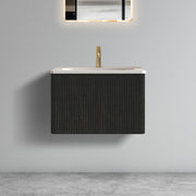 U056-Etna24W-308 Etna 24' Striped Brushed Black Oak Floating Bathroom Vanity with White Ceramic Sink, Bathroom Vanity for Modern Bathroom, One-Piece White Sink Basin without Drain, Pre-assembled