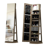 360°Swivel Jewelry Cabinet with Full Length Mirror, 360°Rotating Standing Jewelry Armoire Organizer , Lockable Storage Cabinet, Interior Lighted Mirror, Brown