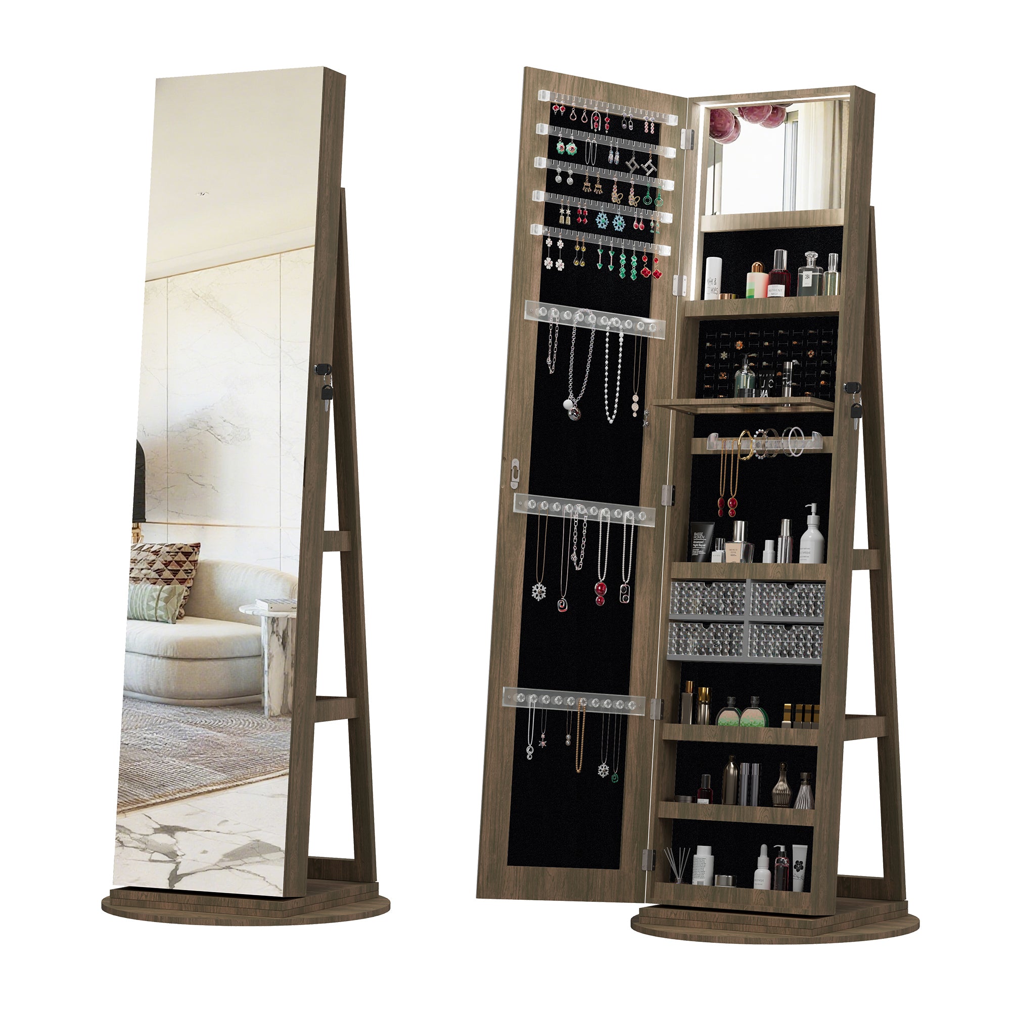 360°Swivel Jewelry Cabinet with Full Length Mirror, 360°Rotating Standing Jewelry Armoire Organizer , Lockable Storage Cabinet, Interior Lighted Mirror, Brown