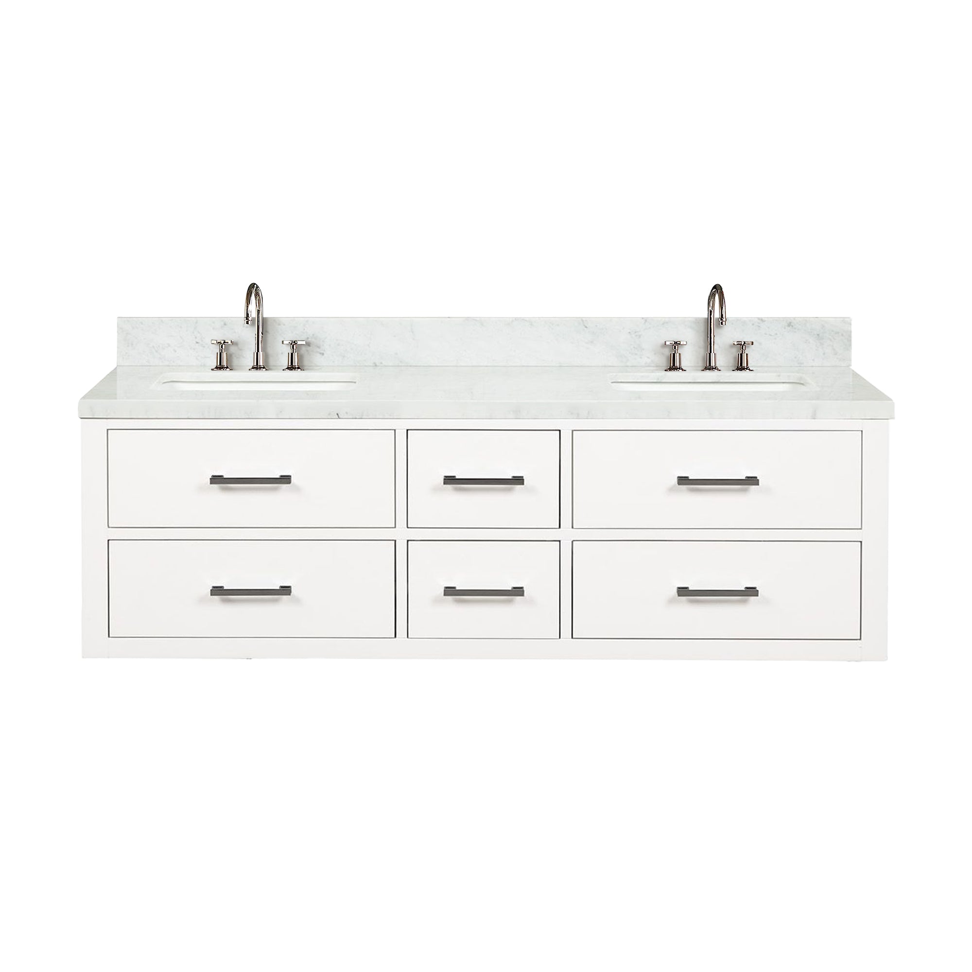 White Double Bath Vanity 60 in. W x 22 in. D, Carrara Marble Top, and Faucet Set