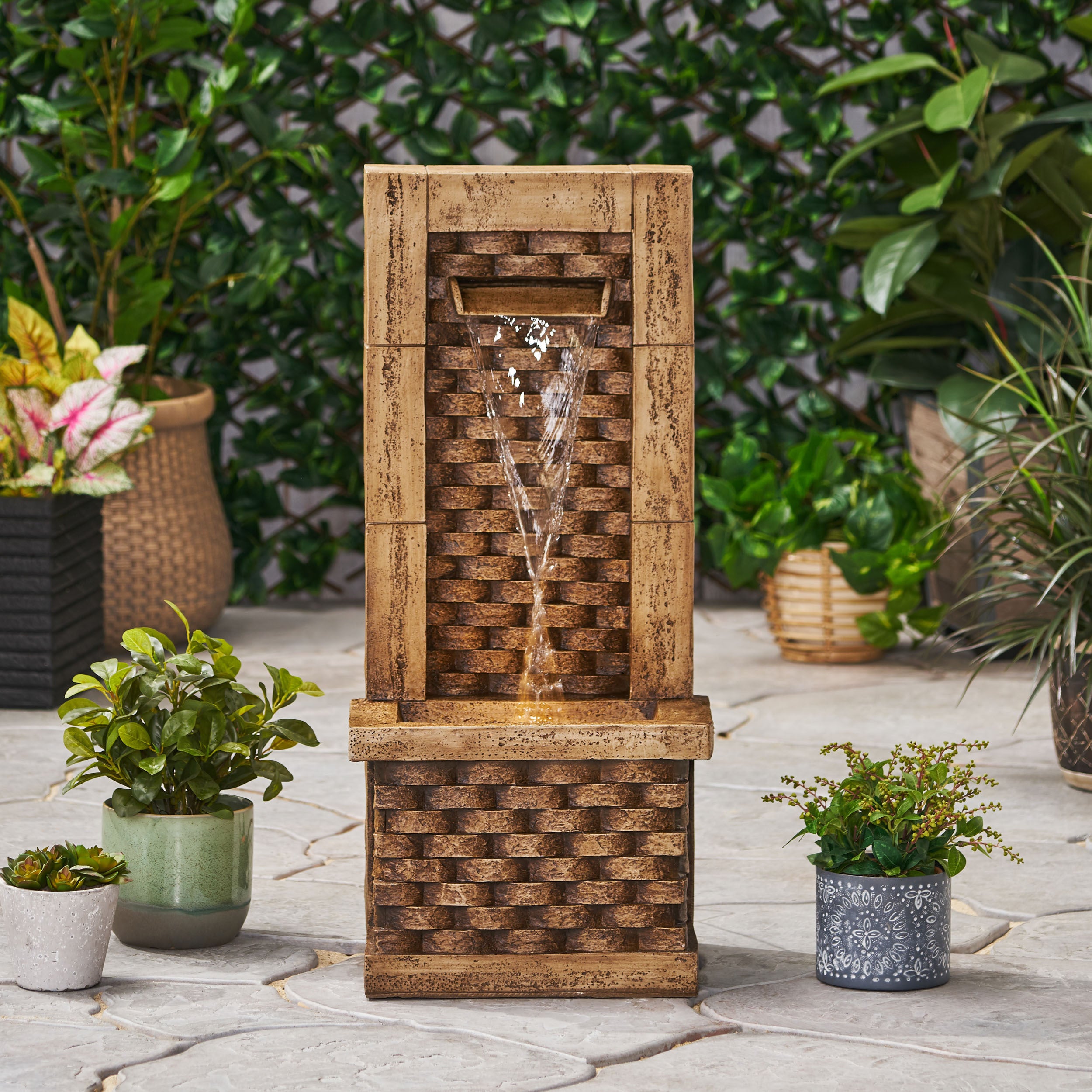 35.25' High Hand Crafted Weather Resistant Floor Fountain with Light, Light Brown