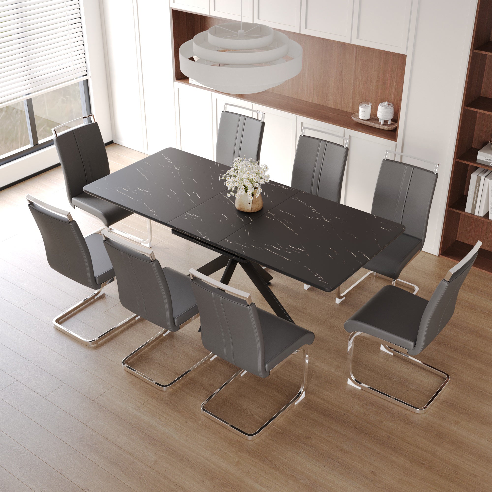 62.4' extendable 78.15' dining Table Set for 6-8 Person for Dining Room,C-shaped Tube Soft padded armless dining chair and Very large Dining Room Table Kitchen Table Chair Set with metal Legs