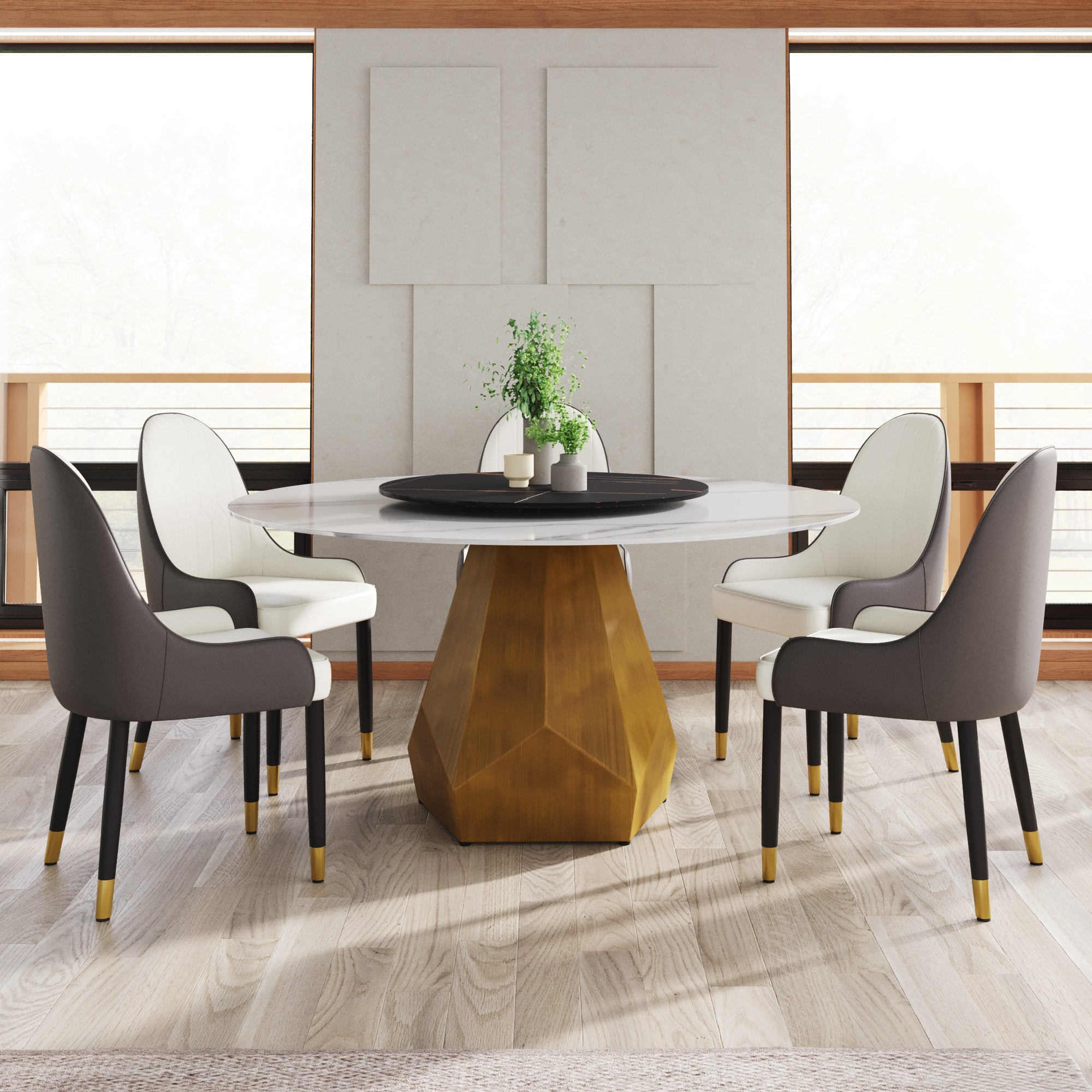 59.05' Round Marble Dining Table with Metal Base, Artificial Marble for 6-8 People, 31.5'Black Artificial Stone Turntable,White&Black (Dining Table Only)