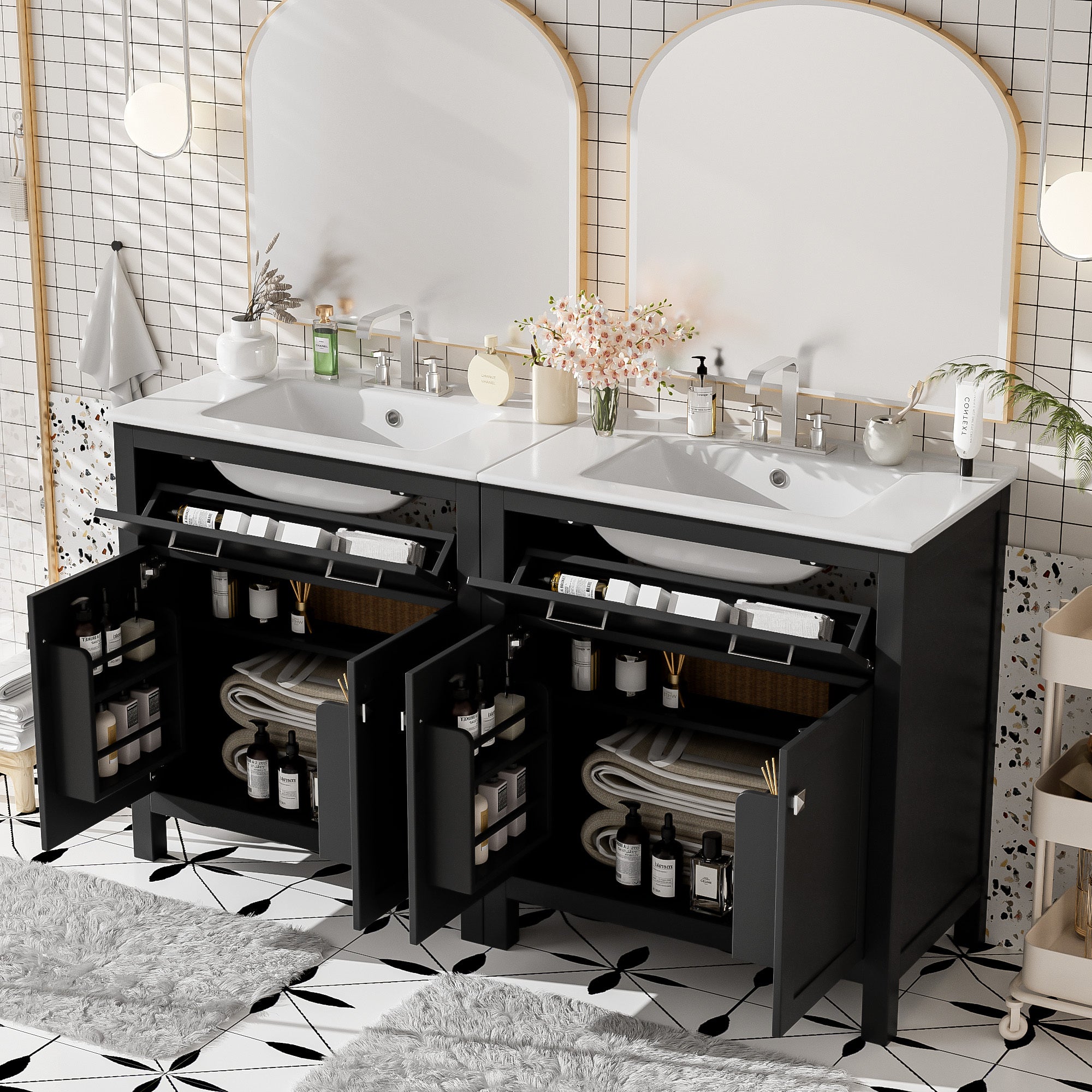 60' Modern Black Bathroom Vanity Set with Double Vanities (Separate), Double Ceramic Sinks, Adjustable Shelf, Soft Close Doors and Flip Drawer– Modern Bathroom Solution for Spacious Bathrooms