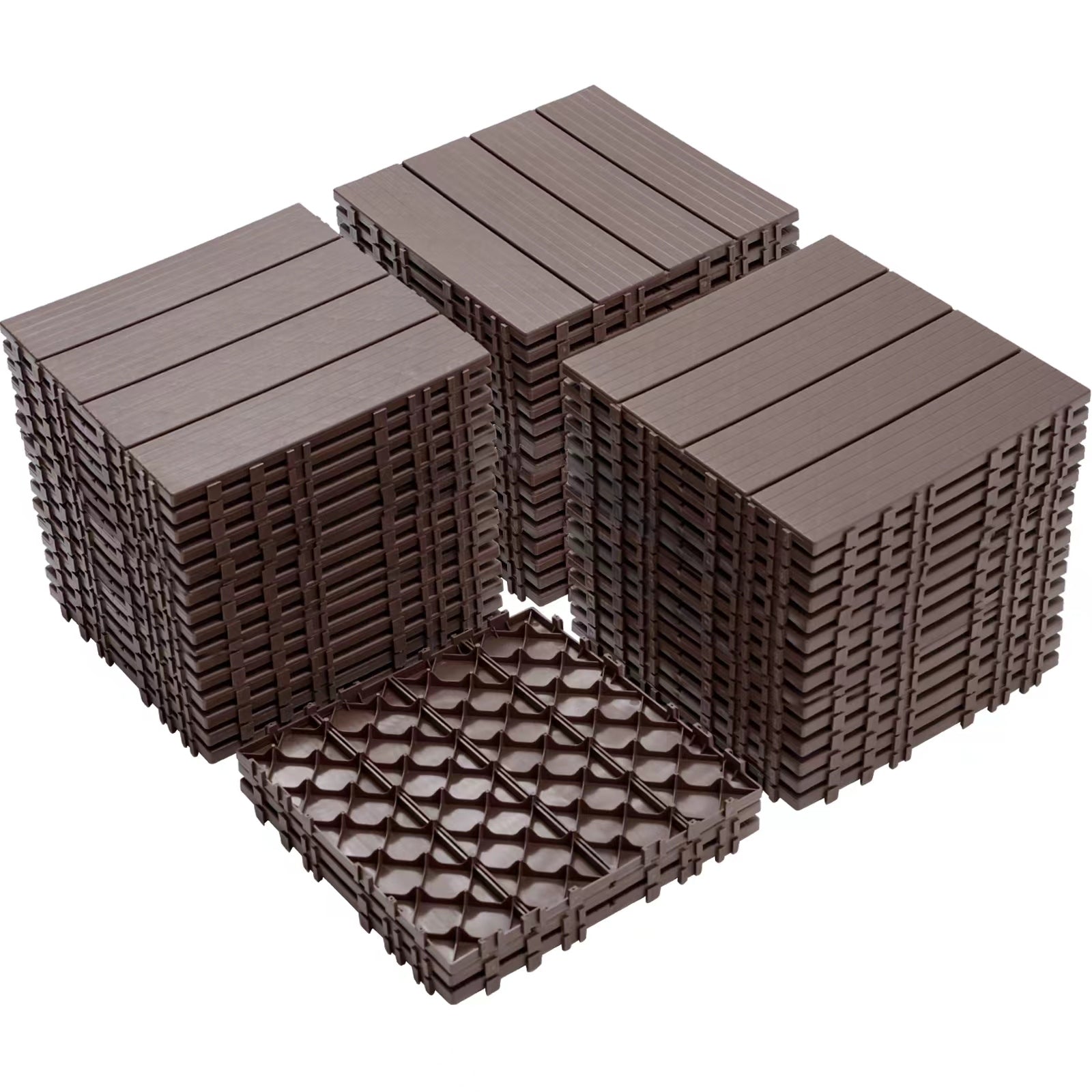 Plastic Interlocking Deck Tiles, All-Weather Waterproof Patio Flooring, Light Coffee, 12.00'x12.00'