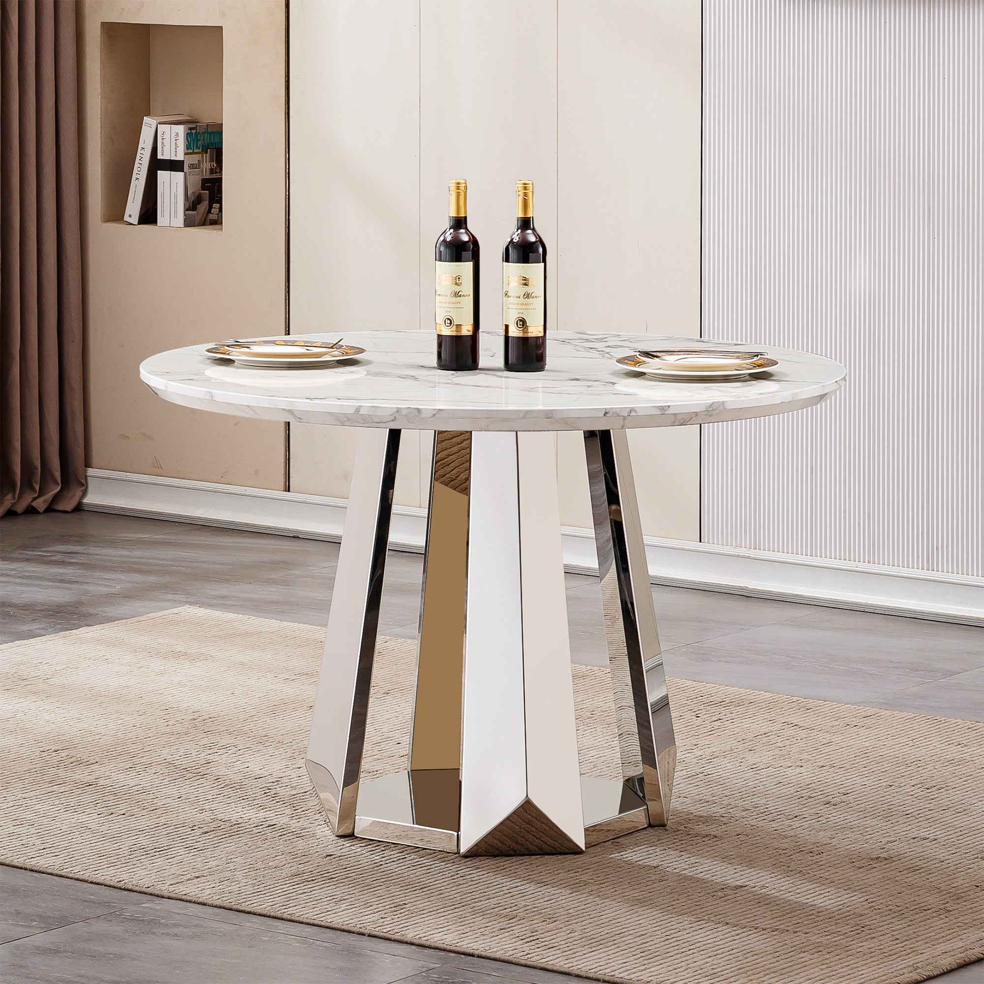 47' Round Marble Dining Table, Modern Kitchen Table with High Gloss Faux Marble Tabletop and Stainless Steel Base for Dining Room, Kitchen (Sliver,White)(only table)