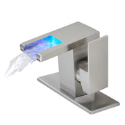 Bathroom Sink Faucet LED Light 3 Colors Changing Waterfall Glass Spout Hot Cold Water Mixer Single Handle One Hole Deck Mounted Bathroom Faucet